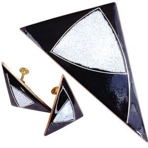 VTG MCM Enamel Copper Brooch & Earrings Set Modernist Geometric Black White